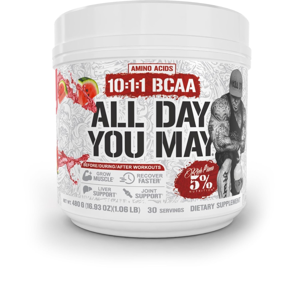 5% Ernæring Rich Piana AllDayYouMay BCAA pulver | Premium Intra & Post Trening Aminosyrer, EAA, Electrolytes | Hydration, Endurance, Recovery | Vegansk & Keto | 16,9 oz, 30 Srvgs (Watermelon)