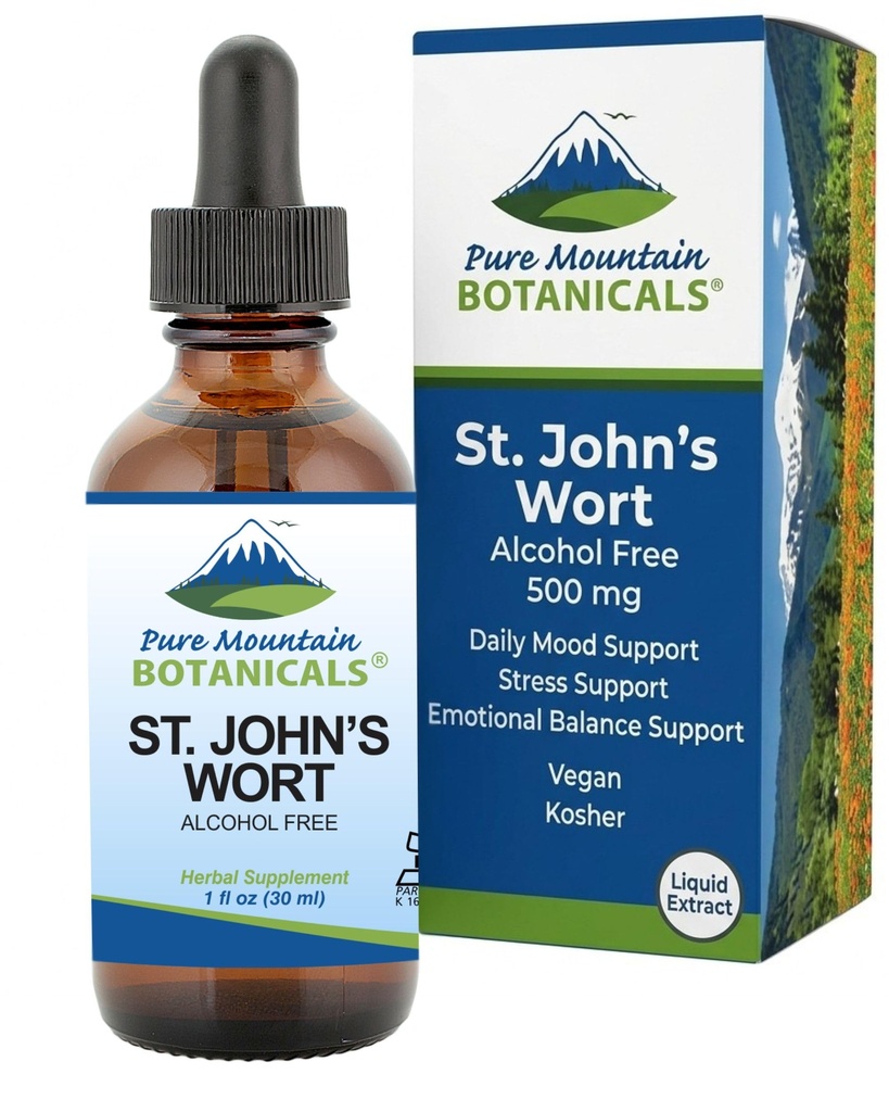 Pure Mountain Botanicals St Johns Wort Tinktur - Kosher flytende St. Johns Wort alkohol-fri ekstrakt 500mg Vegansk Supplement