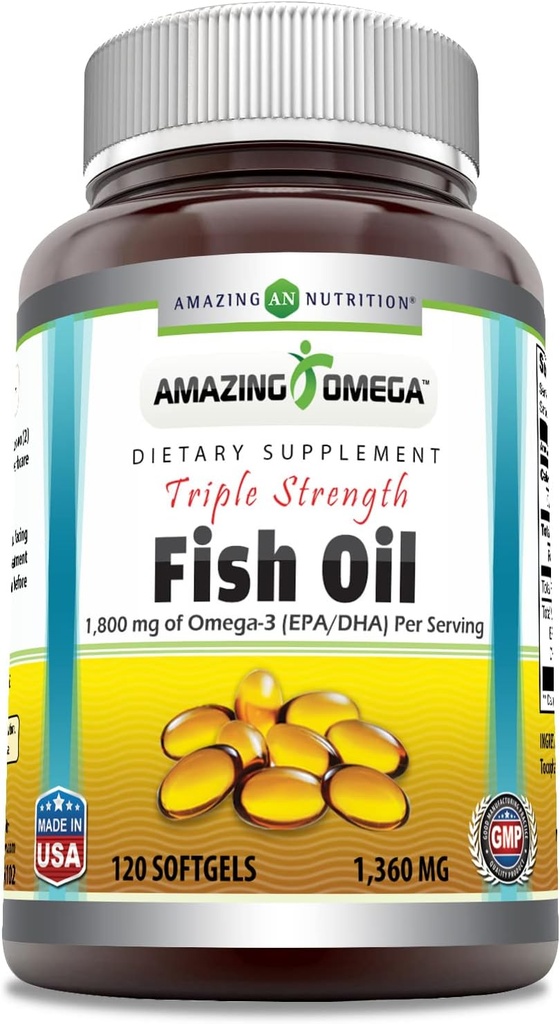 Amazing Omega Triple Strength Fish Oil (Omega-3, EPA / DHA) Supplement | 1360 Mg Per Serving | 120 Softgels | Ikke-GMO | Glutenfri | laget i USA