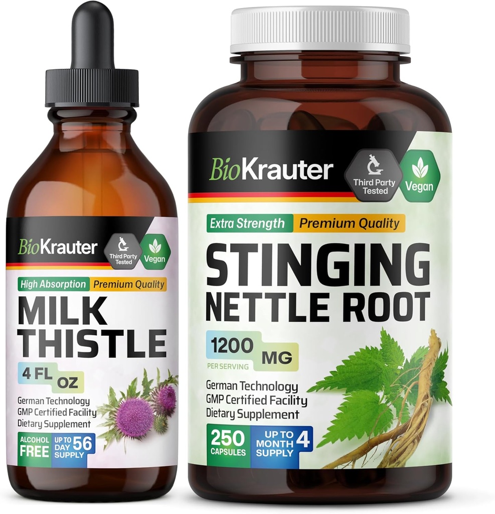 BIO KRAUTER Melk Thistle Tinktur 4 Fl. Oz. & Stinging Nettle 250 kapsler