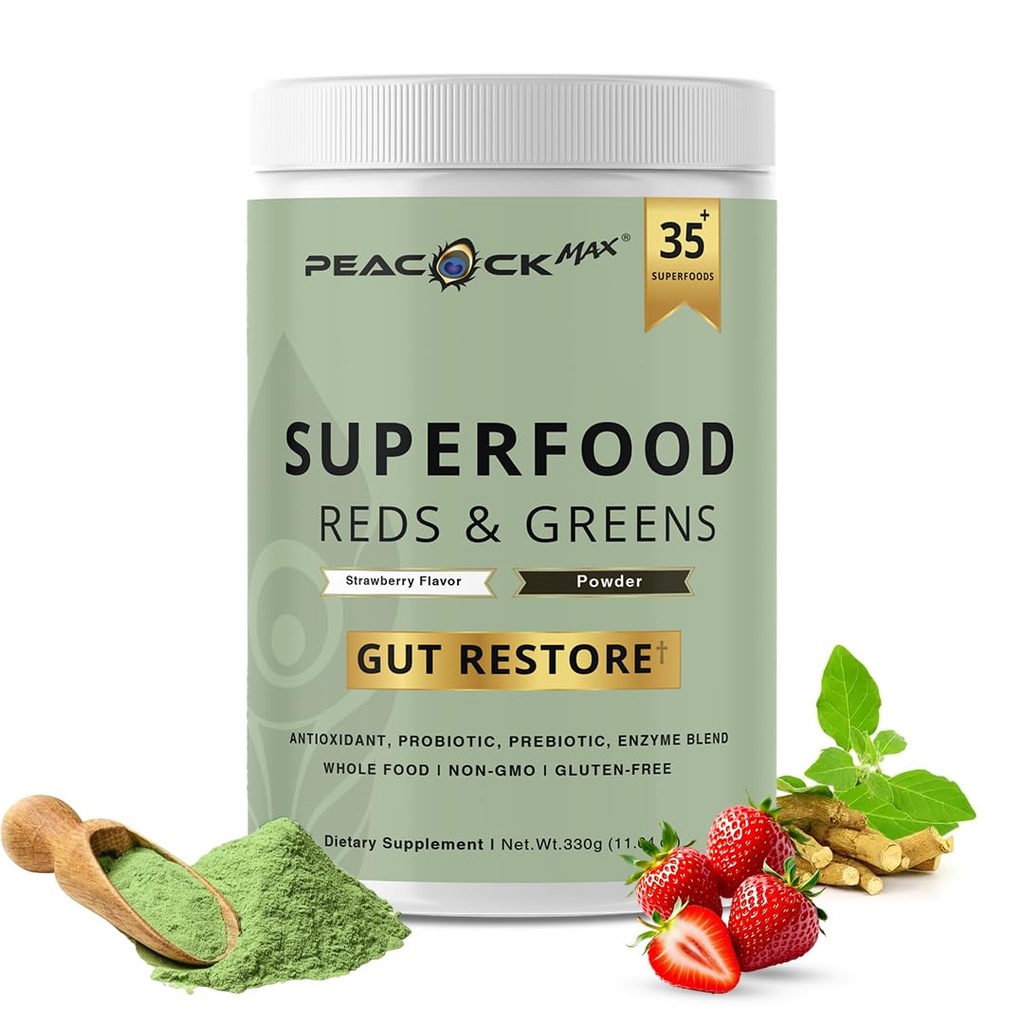 Superfood Reds & Greens pulver - 11.64 oz, Prebiotika og probiotika for Digestive Helse, Super Greens pulver med Ashwagandha for Gut Helse, Immunitet, Antioksidanter, Vegansk, Ikke-GMO
