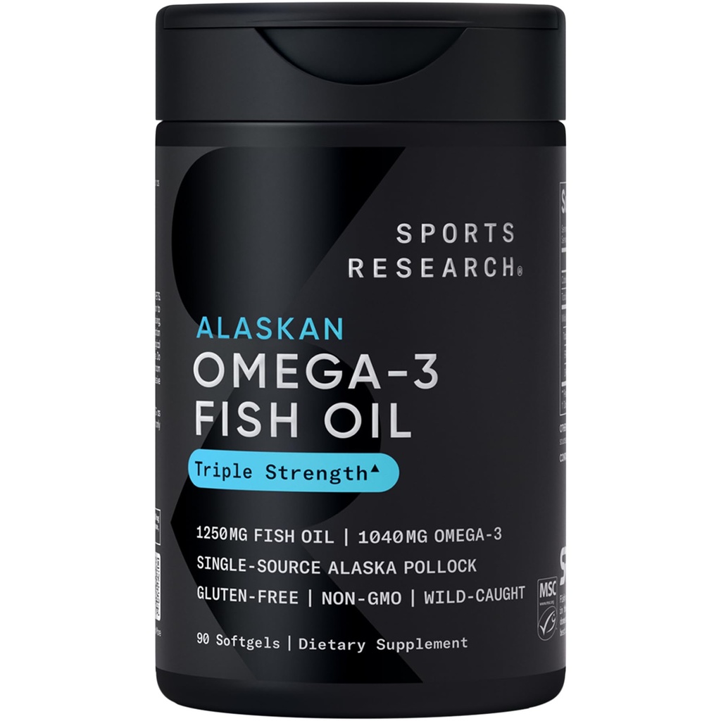 Idrettsforskning Triple Styrke Omega 3 Fiskeolje - Burpless Fish Oil Supplement w/EPA & DHA fettsyrer fra Single-Source Wild Alaska Pollock - 1250 mg, 90 ct