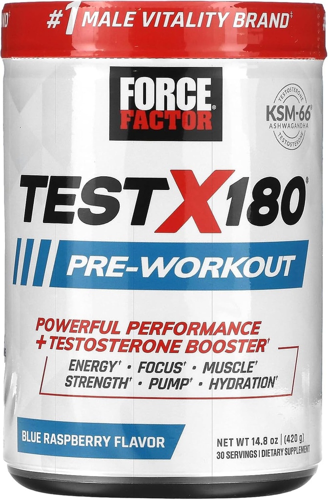 FORCE FACTOR Test X180 Pre-Workout pulver & energi Supplement, Øk fokus & utholdenhet, Bygg muskel og styrke, Nitric Oxid Supplement med Ashwagandaha & L-Citrullin, Blå bringebær, 30 Serveringer