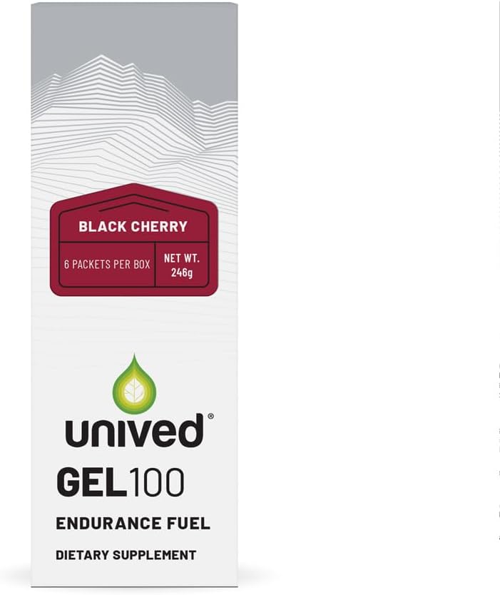 Unived Gel 100 - Vegan Energy Gel for Endurance Athlets Runners & Cyclists - 100kcal - Black Cherry - Pakke med 6