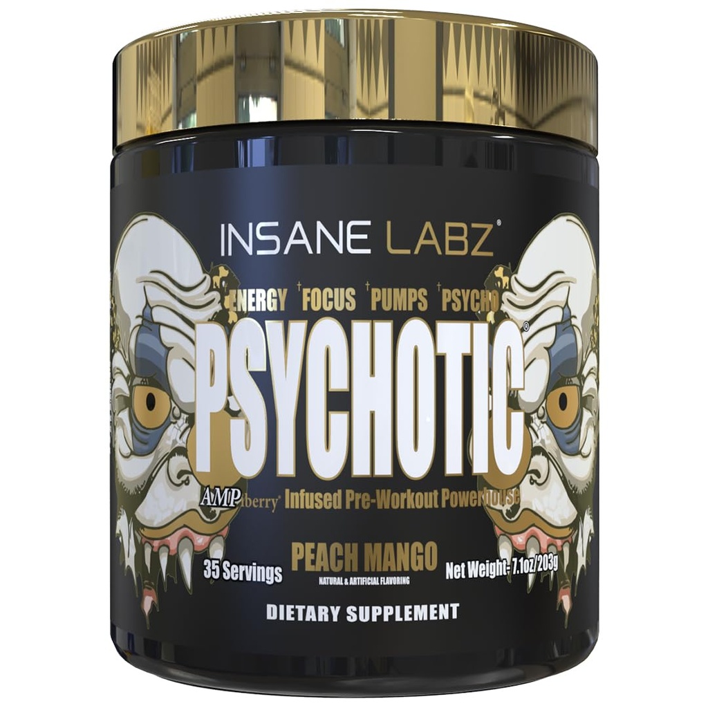 Insane Labz Psykotisk gull, høy stimulant pre trening pulver, ekstrem varig energi, pumper og utholdenhet med Beta Alanine, DMAE Bitartrat, NO Booster (35 Serveringer, Peach Mango)