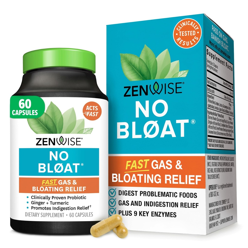 Zenwise Helse Ingen Bloat Digestive Enzymer for Gut Helse, Gas & Bloating Relief - Multi Enzymes Digestion Supplement med probiotika, Ginger, Turmeric Dandelion & Lactase - Menn & kvinner - 60 Teller