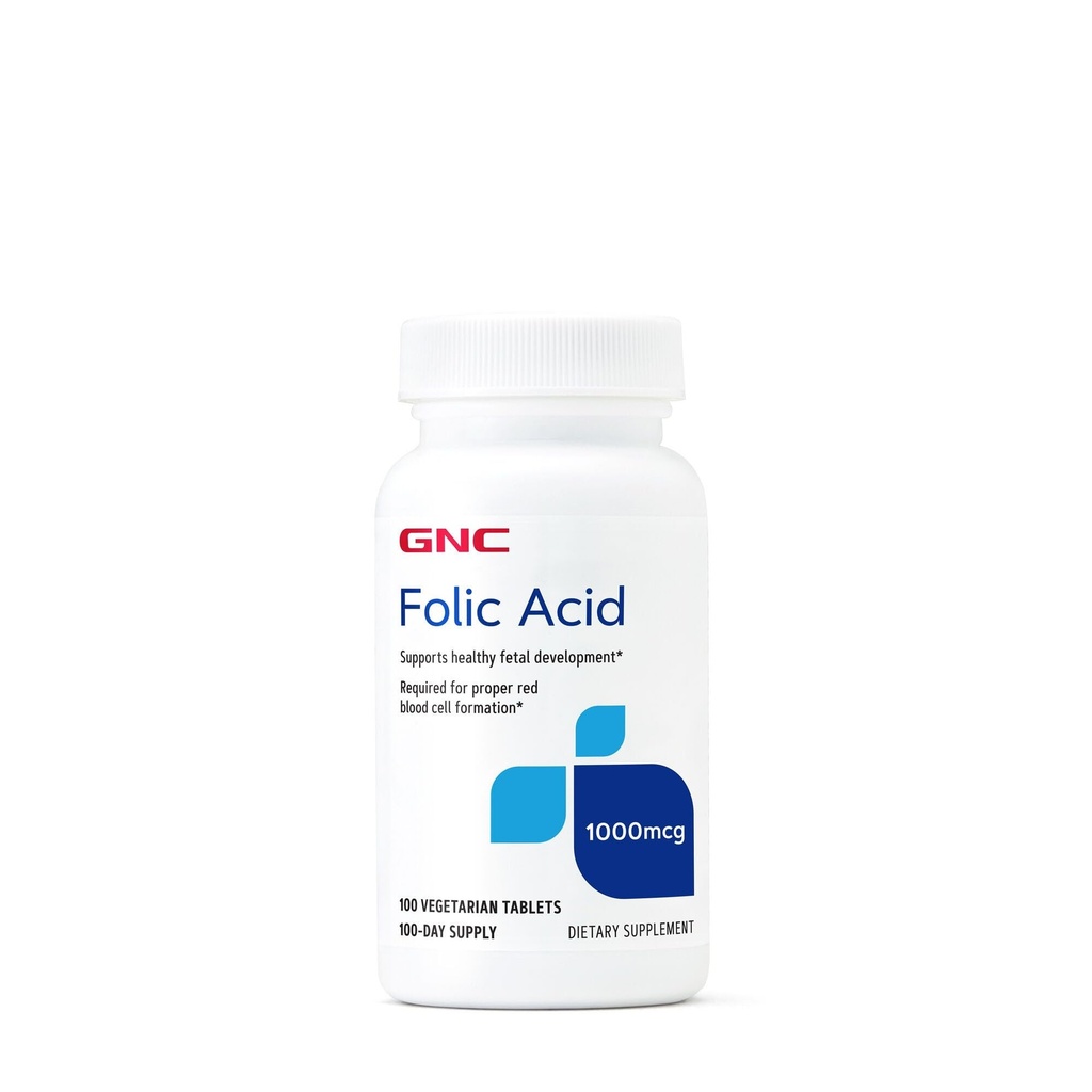 GNC Folic Acid 1000mcg, støtter sunn Fetal utvikling, som kreves for korrekt rød blodcelleformasjon, vegetarisk formel, 100 telling
