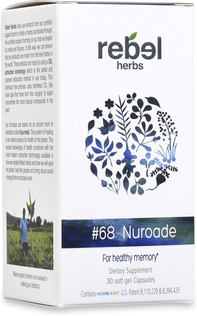 #68 Nuroade Capsules Brain Supplement Nootropics Booster - Forbedre fokus, Økt konsentrasjon, Forbedre hukommelse og klarhet, Mind Enhancement, IQ forbedring med Bacopa og Celastrus