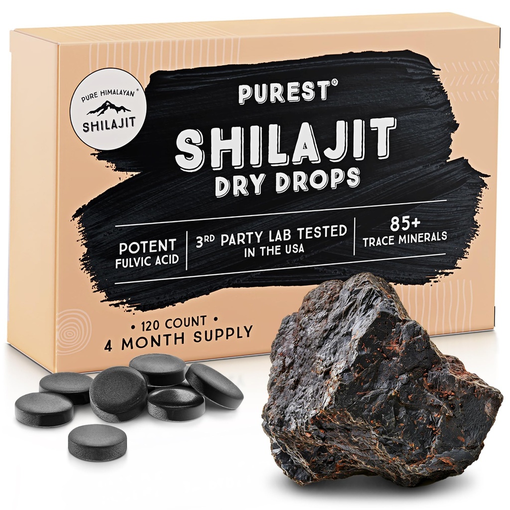 Ren Himalayan Shilajit tørr Drops, 100% ren naturlig Shilajit, Grad A, Max Potens 85+ Clean Trace Minerals & Fulvic Acid for energi, Metabolisme og immunstøtte Supplement for menn og kvinner (120 faner)