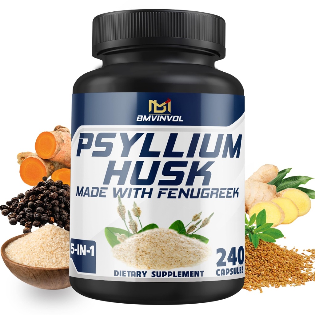 BMVINVOL Psyllium Husk Capsules Fiber Supplement med Fenugreek, Turmerisk, Ginger, Black Pepper - Støtte Digestive System, Intestinal Helse - 240 Antall for 4 måneders forsyning