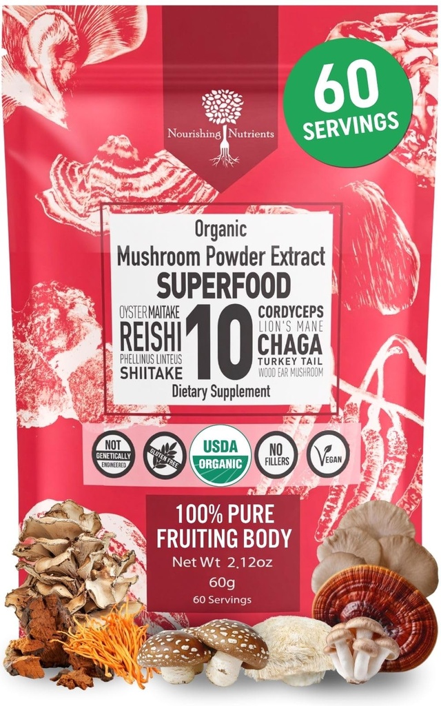 Organisk Mushroom pulverekstrakt -Superfood 10 Supplement 14x Sterkere 100% renere USDA immunitet Booster- Reishi, Chaga, Cordyceps, Shiitake, Lions Mane, Tyrkia Tail og mer. Legg til kaffe/te 60 gram