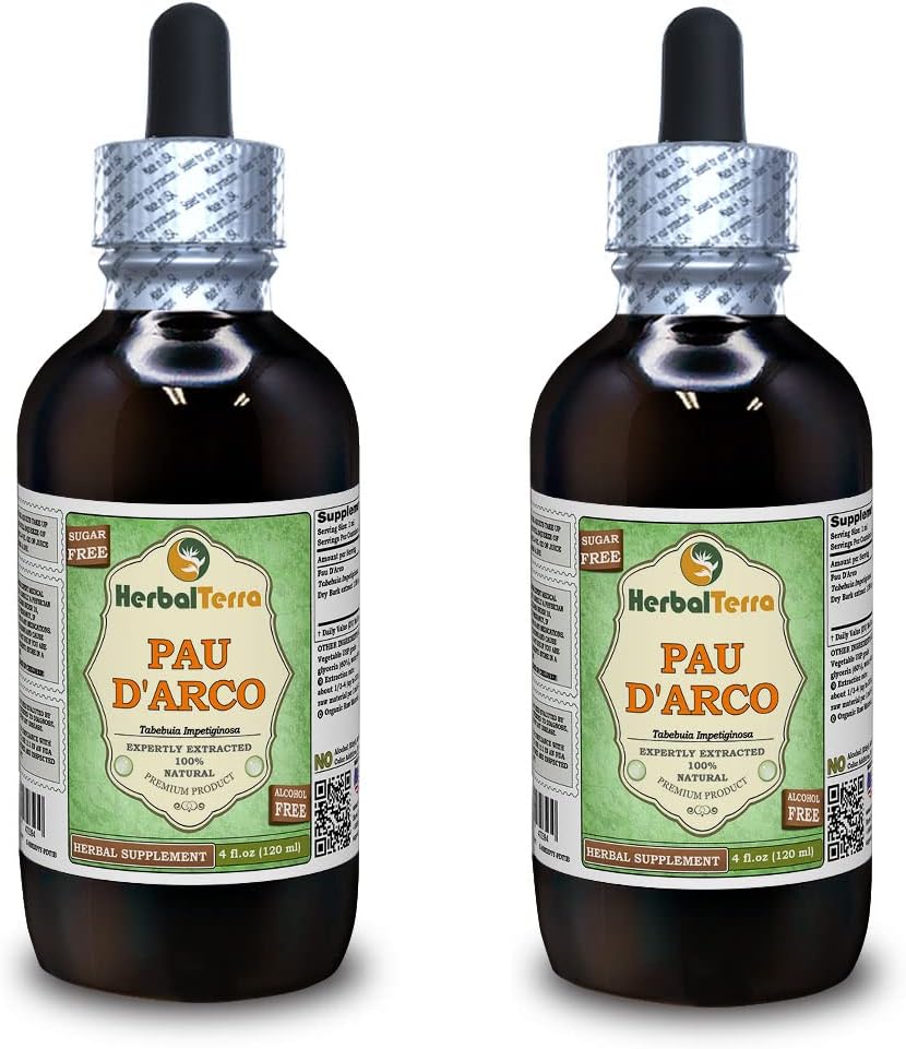 PAU d'arco (Tabebuia Impetiginosa) Glyceritt, tørket Bark alkoholfri væskeekstrakt (merkenavn: HerbalTerra, stolt laget i USA) 2x4 fl.oz (2x120 ml)