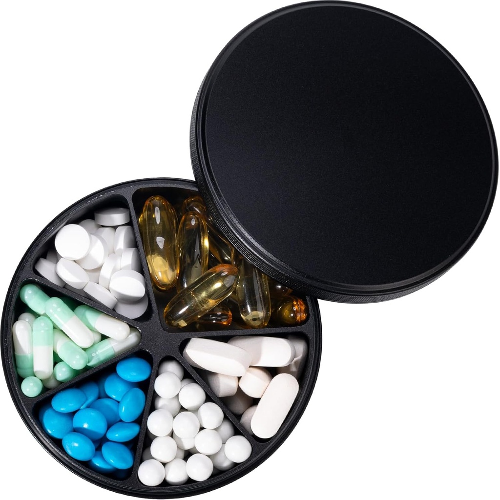 Pill Organizer med 6 sammenligninger - Heavy Duty Metal Daily Pill Case, Stor Pill Container Holder, Vanntett Medisin Dispenser Pill Box for Vitamin Supplement medisin fisk oljer, 0,38lb, svart