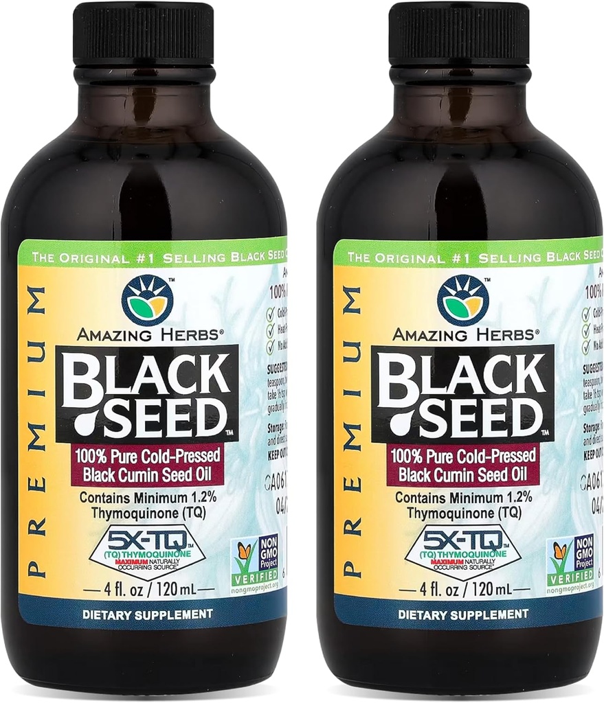 Amazing Herbs Premium Black Seed Oil - Glutenfri, ikke GMO, Cold Pressed Nigella Sativa Aids i Digestive Helse, Immune Support, Brain Function, Joint Mobility - 4 Fl Oz (Pack of 2)