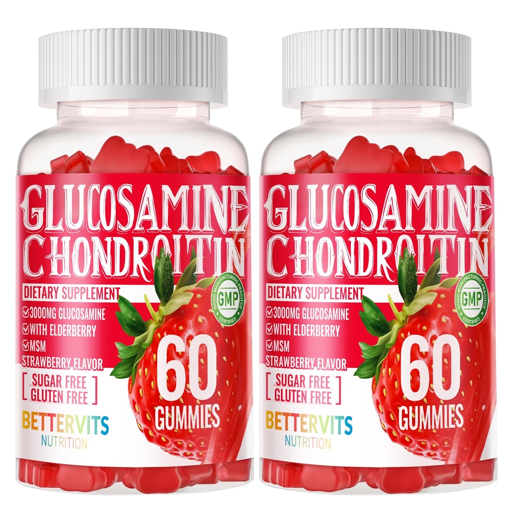 Glukosamine Chondroitin Gummies med MSM & Elderberry Extra Styrke - Felles støtte, Antioksidant immun støtte Supplement for voksne, menn og kvinner. 120 Jordbær Gummies