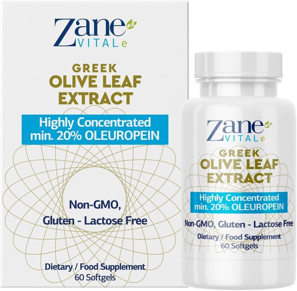 Zane Greek Olive Leaf ekstrakt - min. 20% Oleuropein - gir immun og sunn blodtrykksstøtte, fremmer kardiovaskulær system helse - 60 kapsler ikke-GMO, Gluten - Laktose – Paraben Gratis