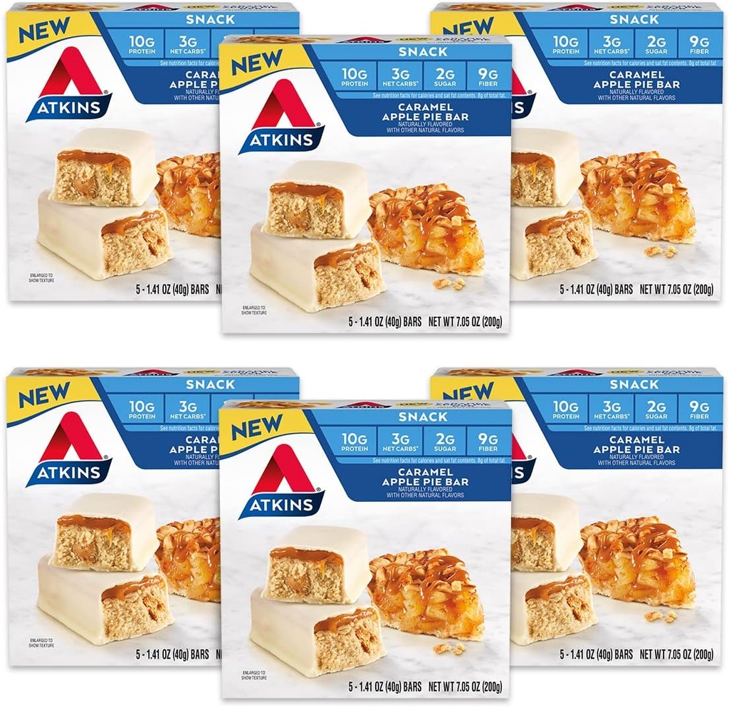 Atkins Snack Bar, Caramel Apple Pie, naturlig flavored, god kilde til protein og fiber, lav carb, lav sukker (30 bars)