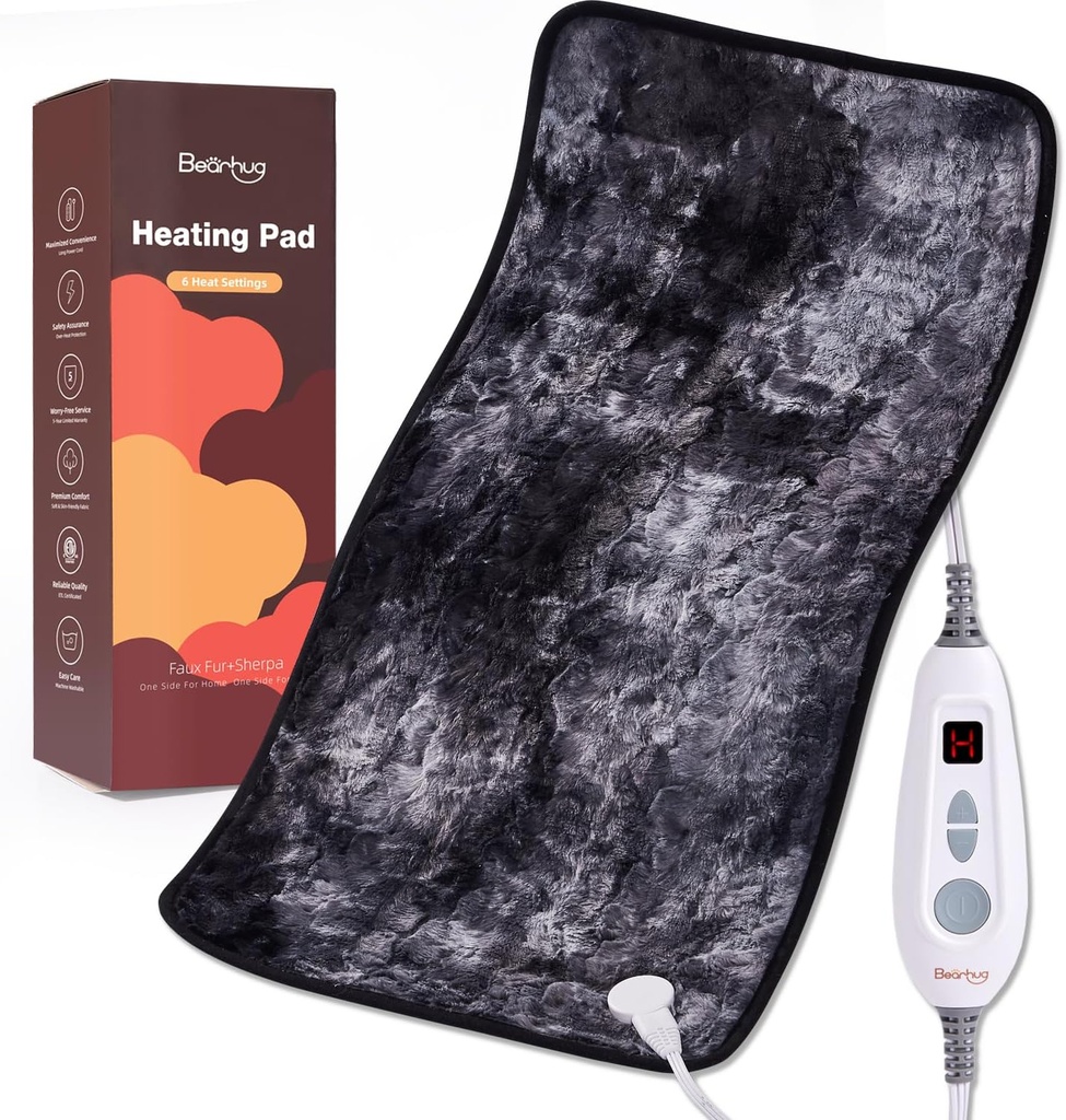 Bearhug XXL Elektrisk Oppvarmet Pad 17 ''x33'' Dobbel-Sided Faux Fur Oppvarmingspad, 6 Varmenivå, 2-Hour Auto-Off, Moist & Tørr varmeterapi for ryggsmerter Relief, Maskinvaskbar, ETL-sertifisert - Gaveboks