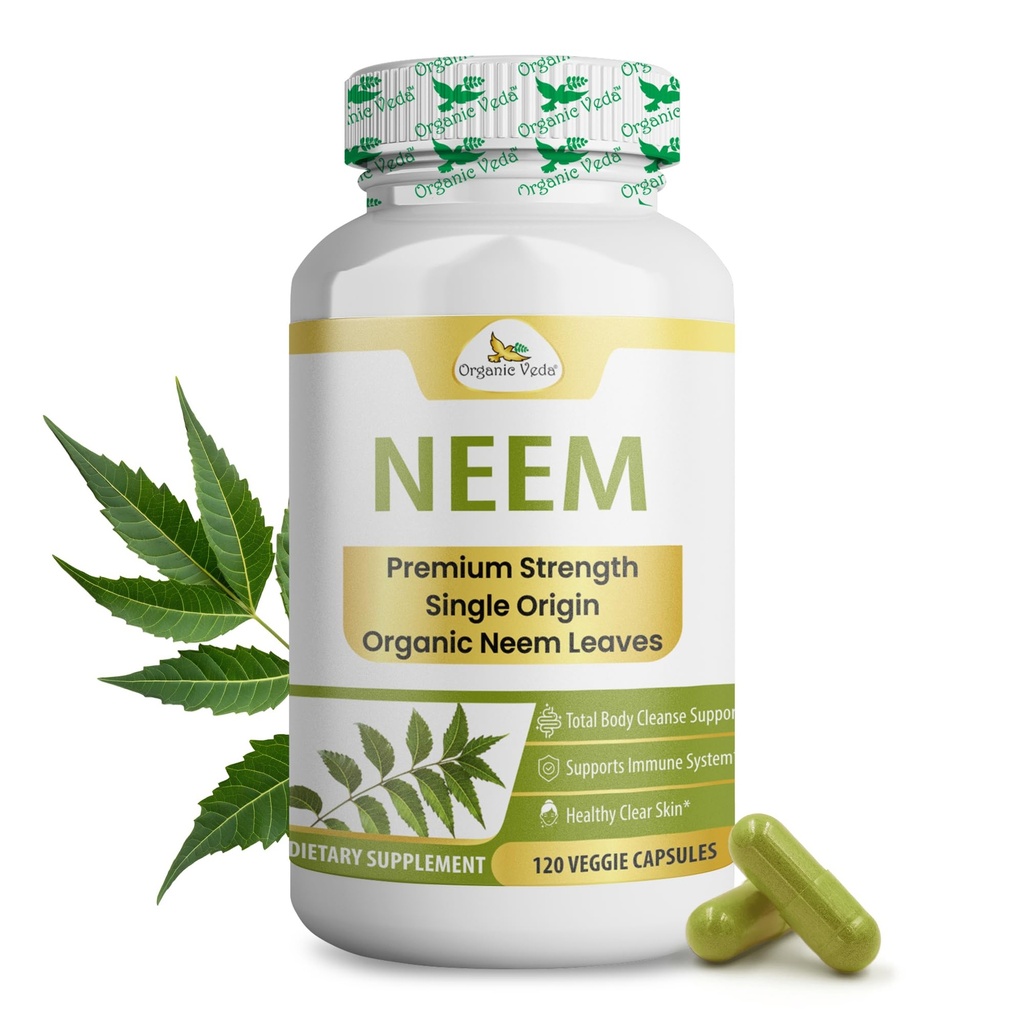 Organic Veda Neem Capsules, 1000mg - Økologisk Herbal Supplement laget med ayurvedic India Neem Leaf pulver - støtter strålende hud, immun, detox, sunn betennelsesrespons - 120 Veggie Capsules