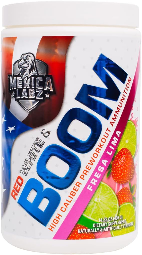 'Merica Labz rød, hvit og boom, høy kaliber pre trening med VasoDrive-AP®, 350 mg koffein, Max energi, pumpe og fokus, økt blodstrøm og muskelvolum, 20 serveringer (Fresa Lima)