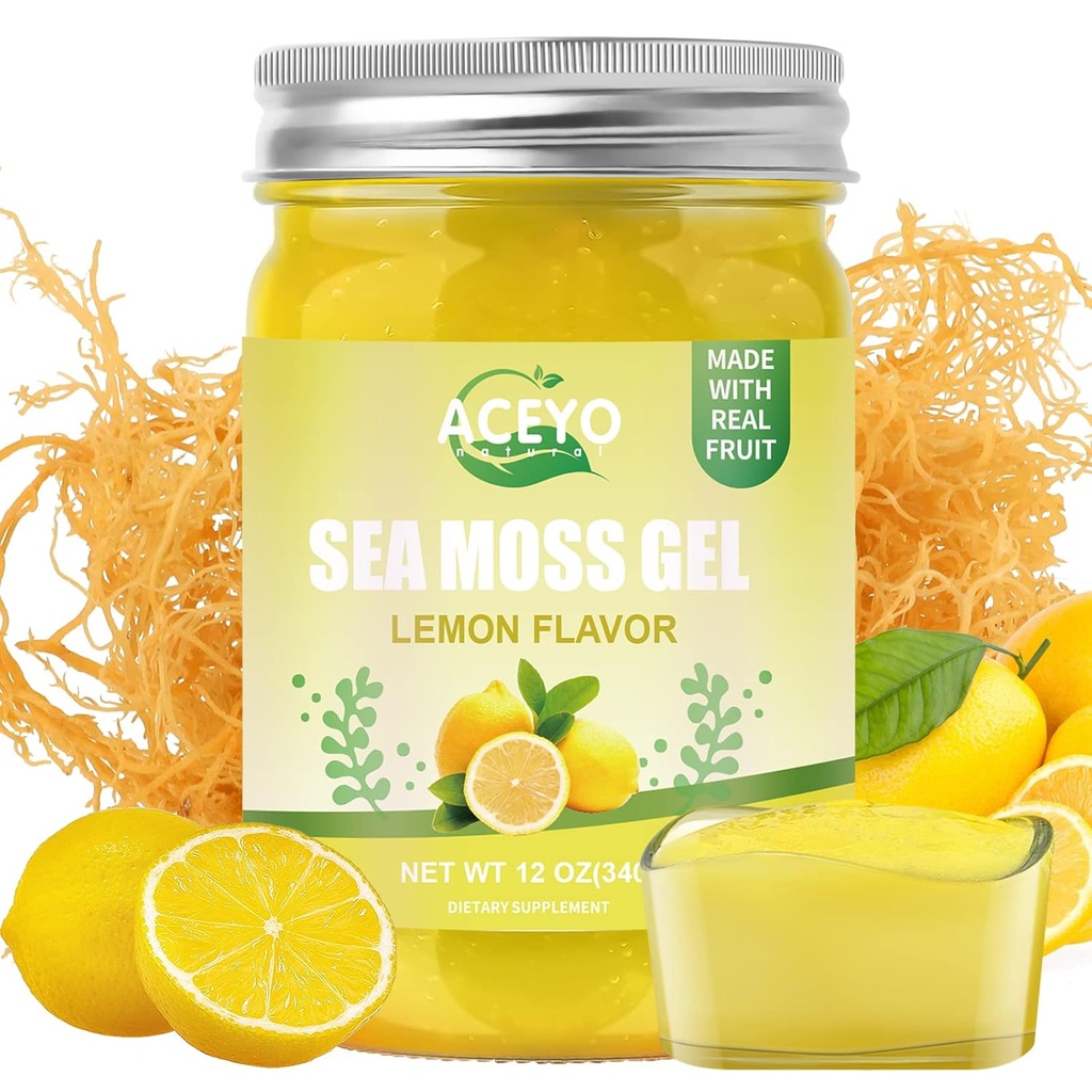 ACEYO (12 OZ) Irsk Sea Moss Gel Organic Raw Vegansk Lemon Flavor 102 Vitaminer og mineraler Wild Harvested Non-GMO Immune Defense Booster Thyroid Digestiv støtte