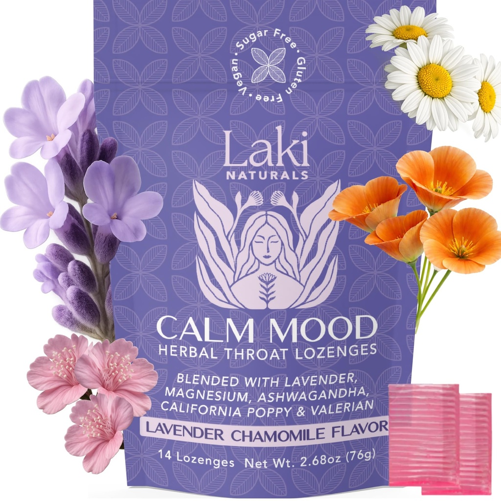 Laki Naturals Lavender Kamille Calmood Funksjonell Herbal Lozenges (14ct) Throat & Calming Hard Candies med magnesium, Ashwagandha, California Poppy & Valerian. Vegansk, Sukkerfri, Glutenfri