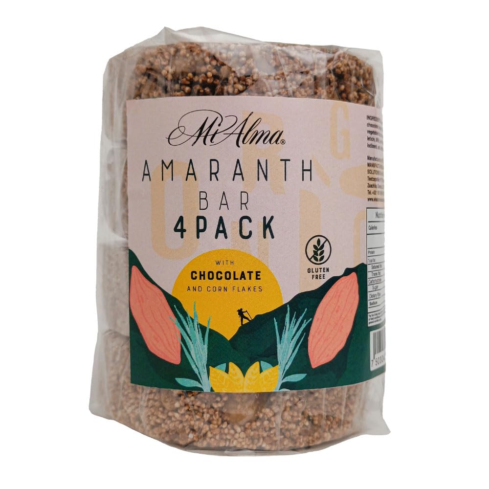 Mi Alma, 4 BAR Pacific Amaranth Bar med sjokolade og maisflakker PREMIUM, Barra de Amaranto con sjokolade, supermat, Glutenfri, sunn snack, 8,4 oz