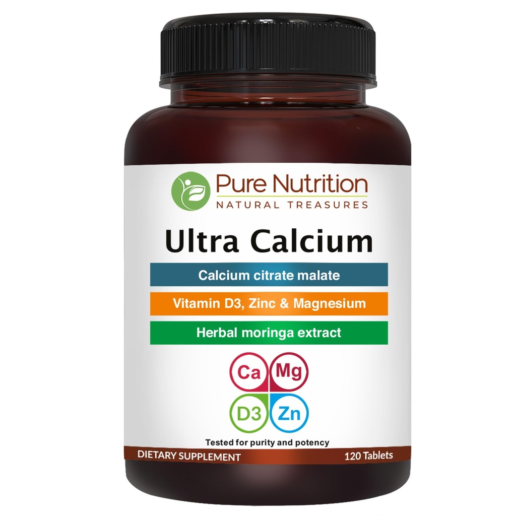 Ren næring Ultra Kalsium 1000mg med VIT D3 + K2 | 120 Tab | Høyt absorberende kalsiumtilskudd med kalsiumcitratmalat, VIT D3, K2, Moringa Oleifera, magnesium og sink.