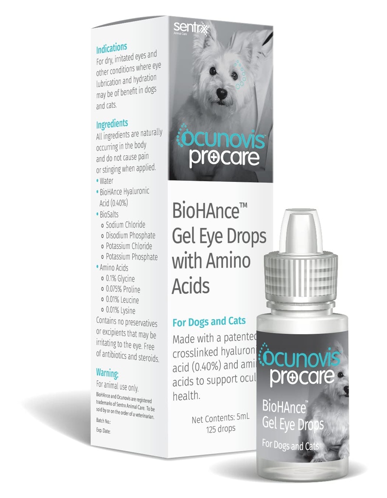 Sentrx - Ocunovis ProCare Gel Eye drops for hunder og katter, Hydrating Cat og Hunde Eye drops med hyaluronsyre, lysin og aminosyrer, preservativ-fri og antibiotisk-fri, 5 ml
