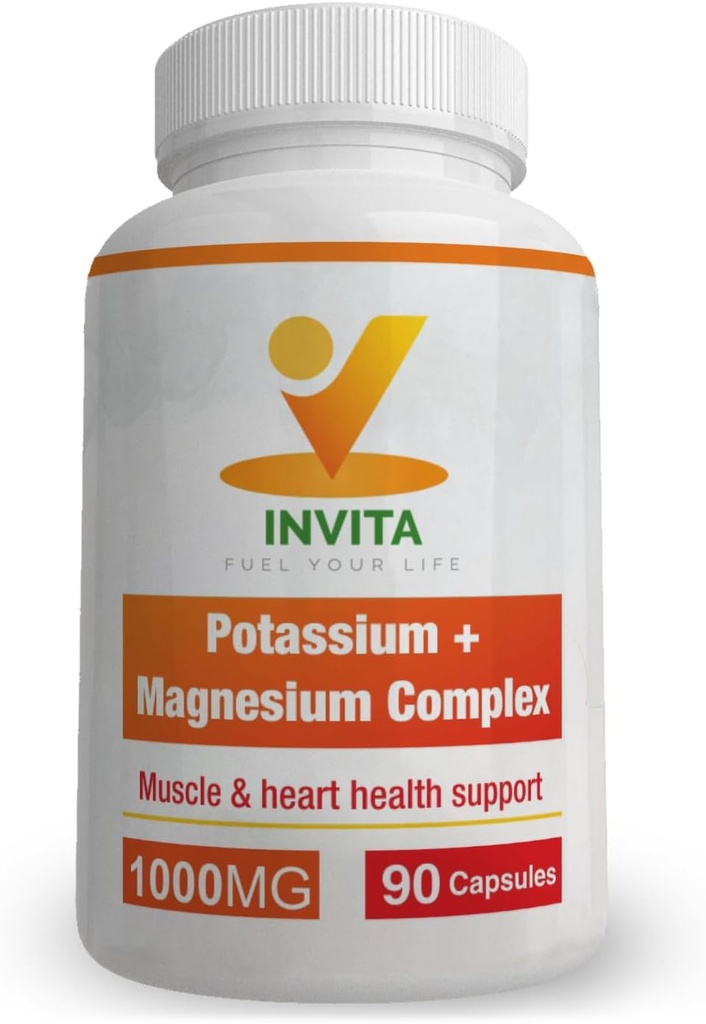 Invita Kalium Magnesium Complex 1000 MG for ben og muskel støtte I (90 kapsler) - høy absorpsjon Kalium Aspartat med magnesium Aspartat Oxid Gluconat Gluconat & Citat