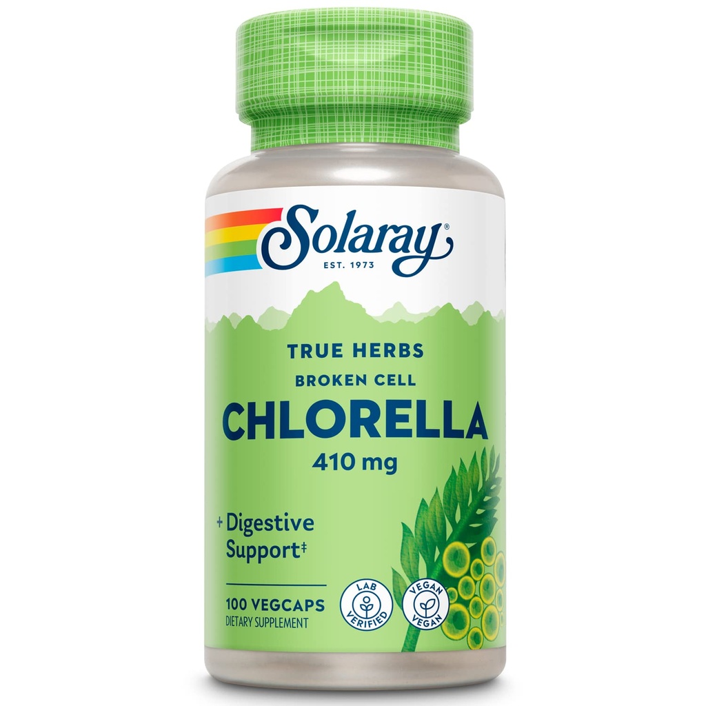 SOLARAY Broken Cell Chlorella 410 mg | Næringsstoff-Rich Superfood w/Naturligvis Ocreentive Protein, Vitaminer, Mineraler, Klorofyll | Ikke-GMO | 100 Vegkaps