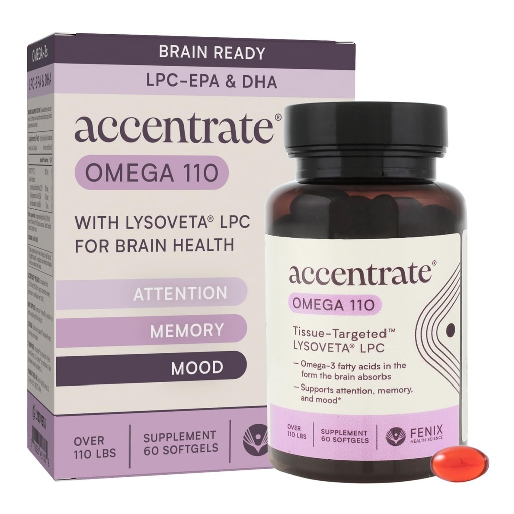 Omega 110 w/LYSOVETA LPC EPA & DHA Supplements for Hjerne & Retina Helse | Fokus, oppmerksomhet, minne, Mood & Vision | 6X høyere absorpsjon enn fiskeolje | høy potens Omega-3 LPC-DHA