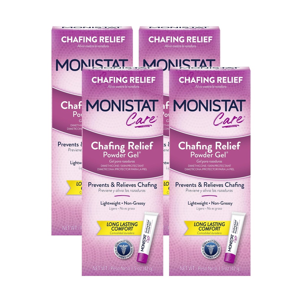 Monistat Chafing Relief Powder Gel, Lang-Sisting Anti-Kaffing Beskyttelse for Bikini Area, Thighs og Bra Lines, 1.5 Oz, Pakke med 4