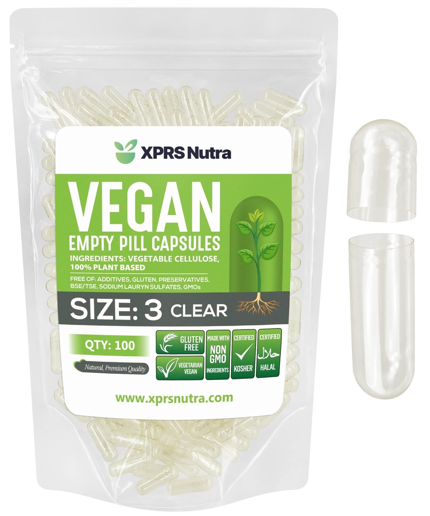 XPRS Nutra Størrelse 3 tomme kapsler - 100 telle klart tomme veganske kapsler - vegetariske piller - DIY grønnsakerkapselfylling - Veggie piller