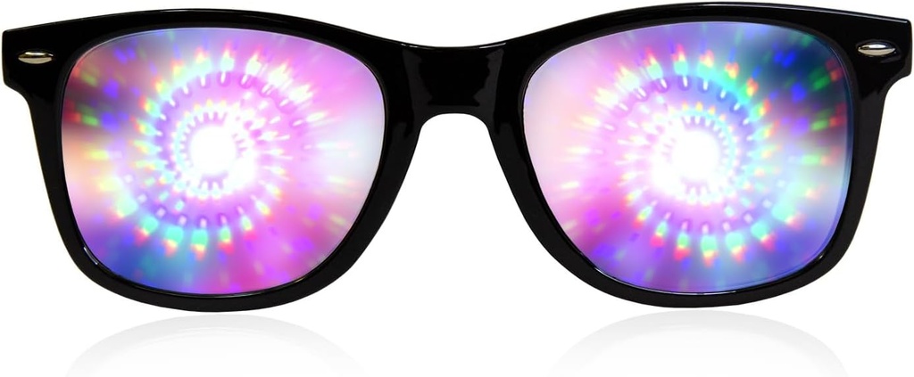 GloFX Black Frame Spiral Diffraksjonsbriller – Laser Etched for Hypnotic Spiral Light Effects, Fleksible og holdbare for Raves & Festivals