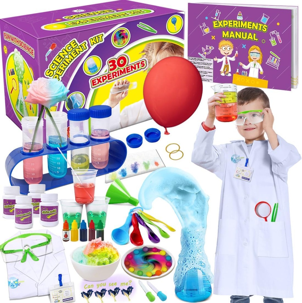 Unglinga 30 Eksperimenter Vitenskapssett for barn med Lab Coat, Kjemi sett STEM Toys Bursdagsgaver for gutter Jenter, Forsker Kostume Rollespill Verktøy Læringssett