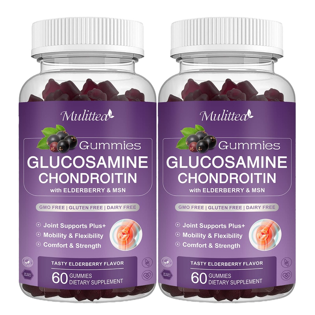 Mulitea Glukosamine Chondroitin Gummies - Ekstra styrke felles støtte Supplement med MSM & Elderberry for naturlig felles, antioksidant immun støtte for voksne, menn og kvinner-(2 Pack)