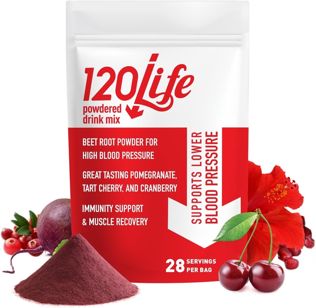 120LIFE Blood Pressure Support, Natural Beet Root Powder Drink Blande med Pomegranate pulver, Cranberry Supplement, Tart Cherry, Hibiscus og Magnesium (28 Serveringer) - Glutenfri, Vegansk