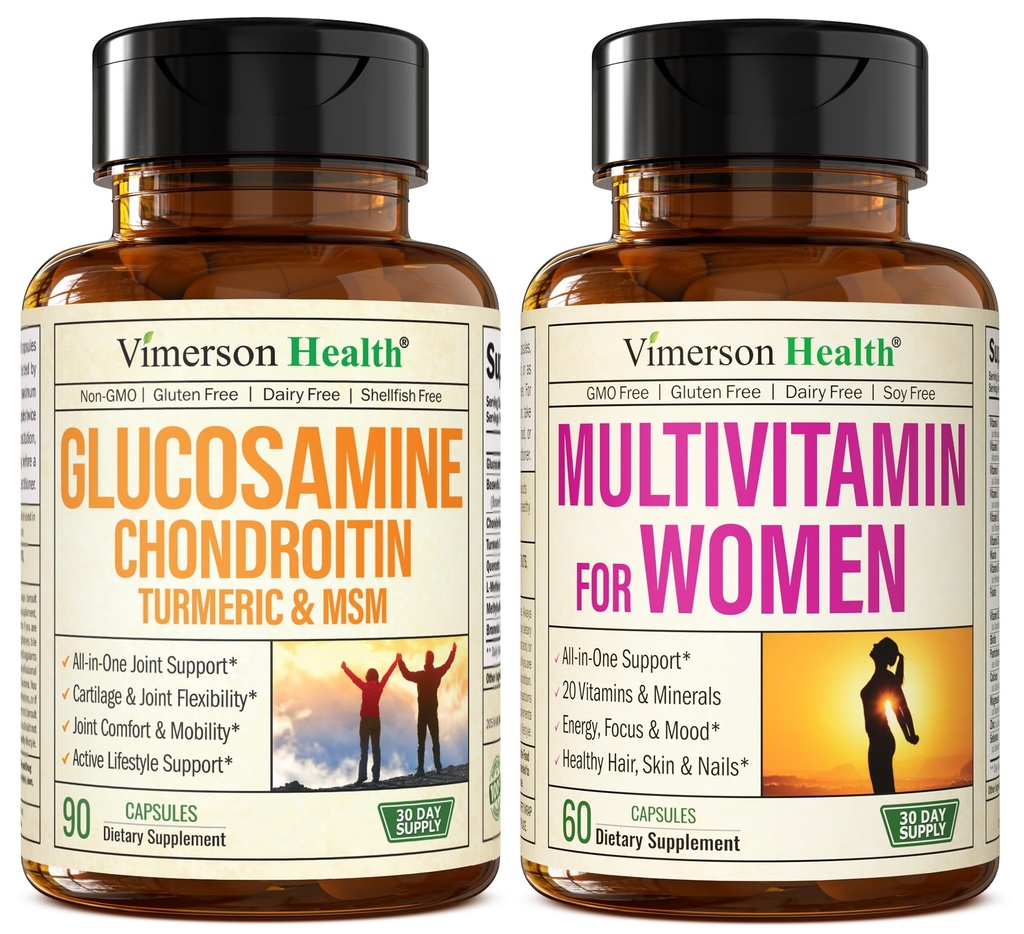 Glucosamine Chondroitin Turmeric + Multivitamin for kvinner 2-Bottle Supplement Bundle for henne. Sunn immunrespons, felles støtte, Antioksidant egenskaper