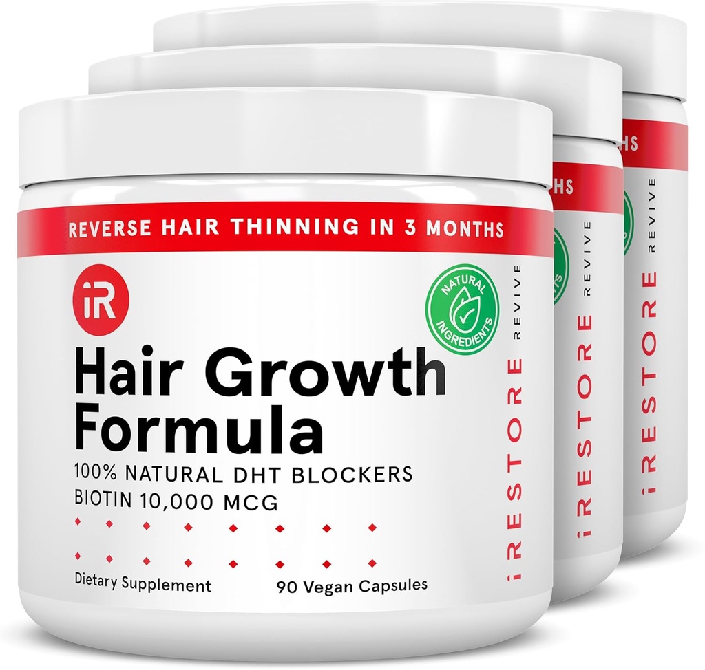 iRestore Hair Growth Supplement – Naturlig DHT Blockers & Multivitamin blanding – Vegan, ikke-GMO, 90 kapsler – støtter tykkere, sterkere hår for menn og kvinner – 3-pakker