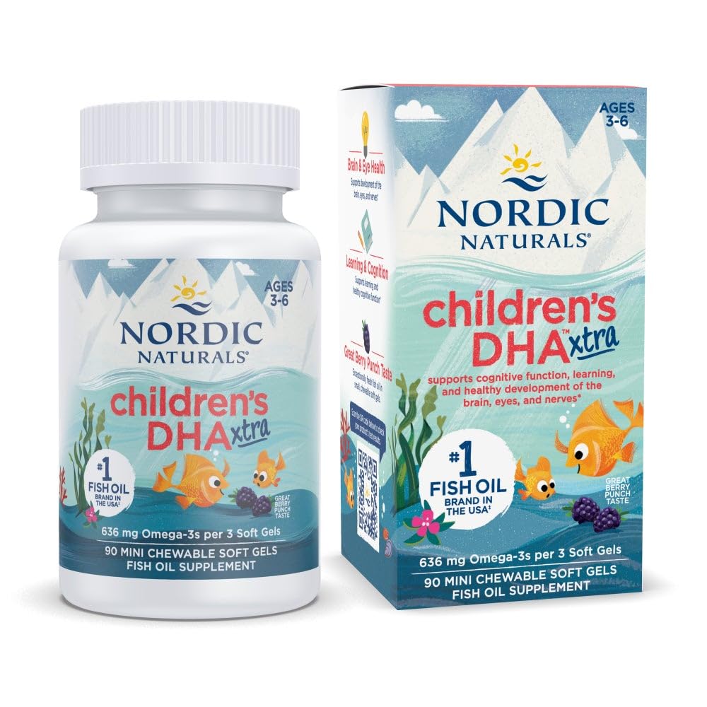 Nordic Naturals Children's DHA Xtra, Berry Punch - 90 Mini Chewable Soft Gels for barn - 636 mg Omega-3s EPA & DHA - Kognitiv og immunfunksjon, læring, sosial utvikling - Ikke-GMO - 30 Services
