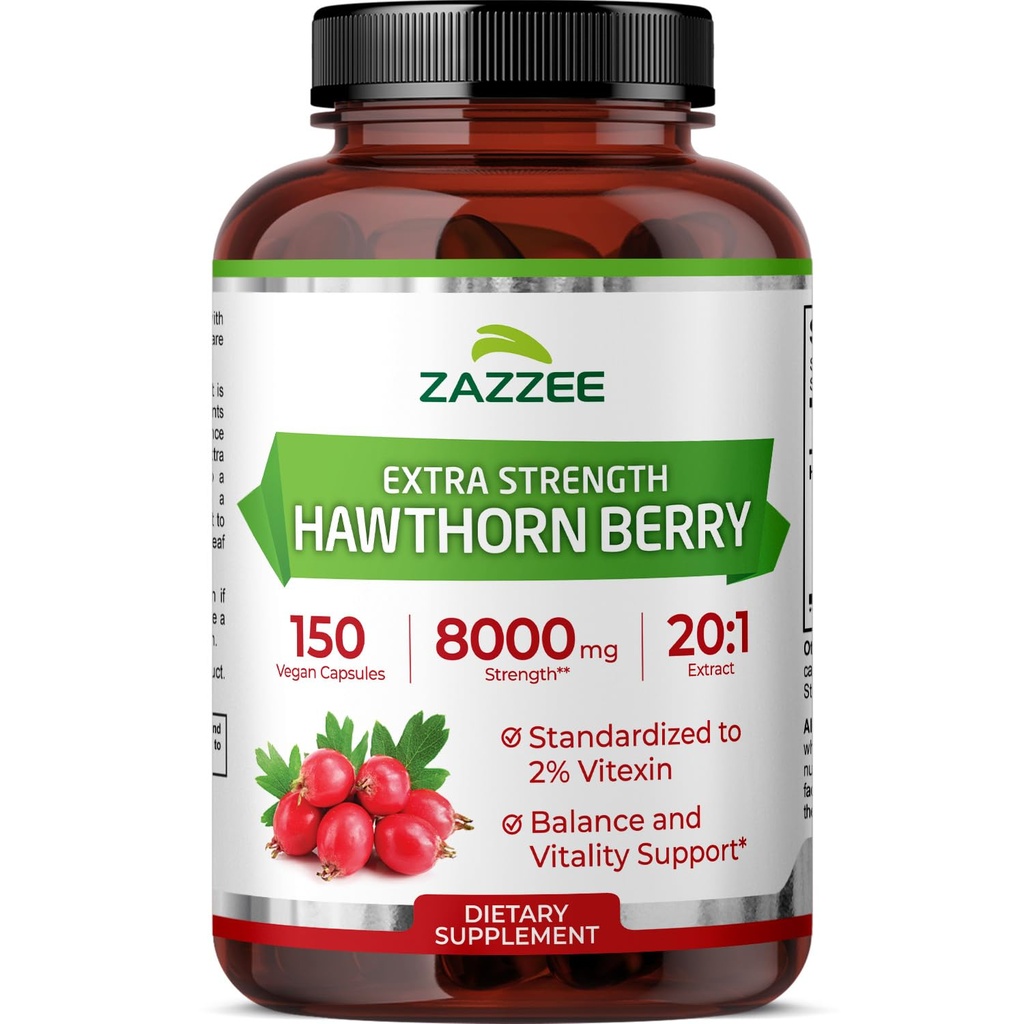 Zazzee Extra styrke Hawthorn Berry 20:1 Ekstrakt, 8000 mg styrke, 2% Vitexin, 150 vegansk kapsler, 5 måneders forsyning, konsentrert og standardisert Potent 20X ekstrakt, ikke-GMO og all-naturlig