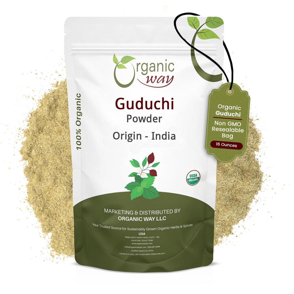 Organic Way Premium Grade Guduchi pulver (Tinospora cordifolia) - Organic & Kosher Certified | Rå, Vegansk, Ikke GMO & Glutenfri | USDA Certified | Opprinnelse - India (1LBS / 16Oz)