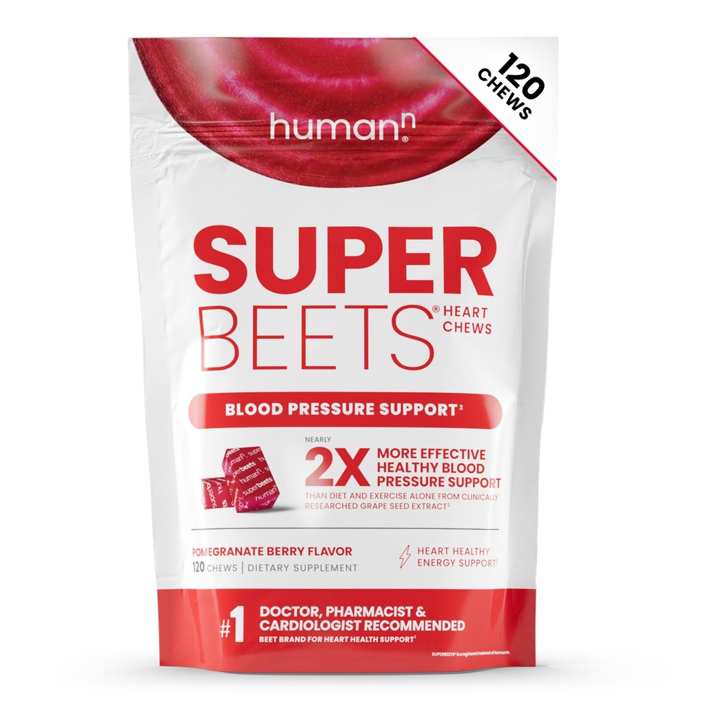 HumanN SuperBeets Heart Chews, Nitric oksid og blodtrykk støtte, Grape frø ekstrakt & ikke-GMO Beet Root Powder Energy, Pomegranate Berry Flavor, 120 greve