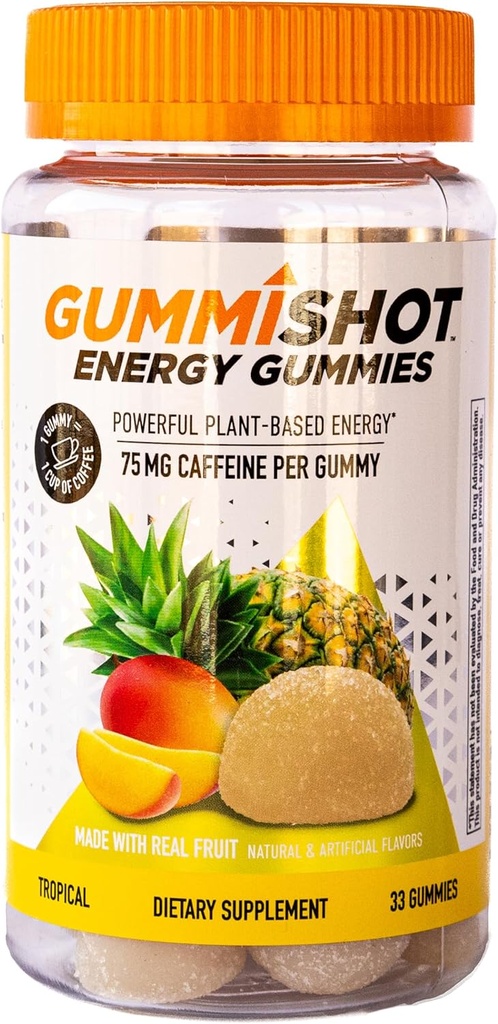 GummiShot Energi Gummies, 2475mg plantebaserte koffein Chews per flaske, lang varig energi Boosters, Tropiske (33ct)