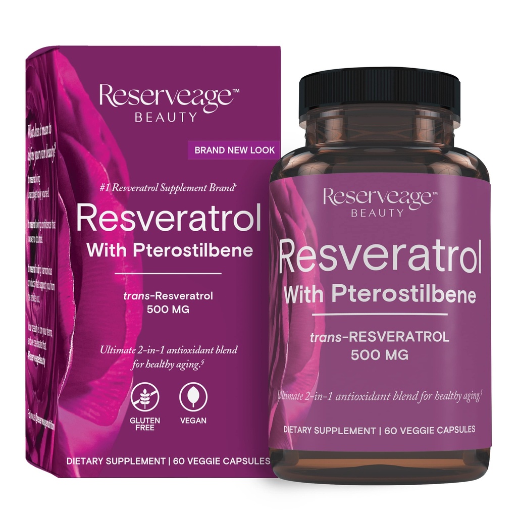 Reservasjon Skjønnhet, Resveratrol 500 mg med Pterostilbene, Antioksidant Supplement for immun støtte og hjerte helse, støtter sunn aldring, Paleo, keto, 60 kapsler (60 Services)