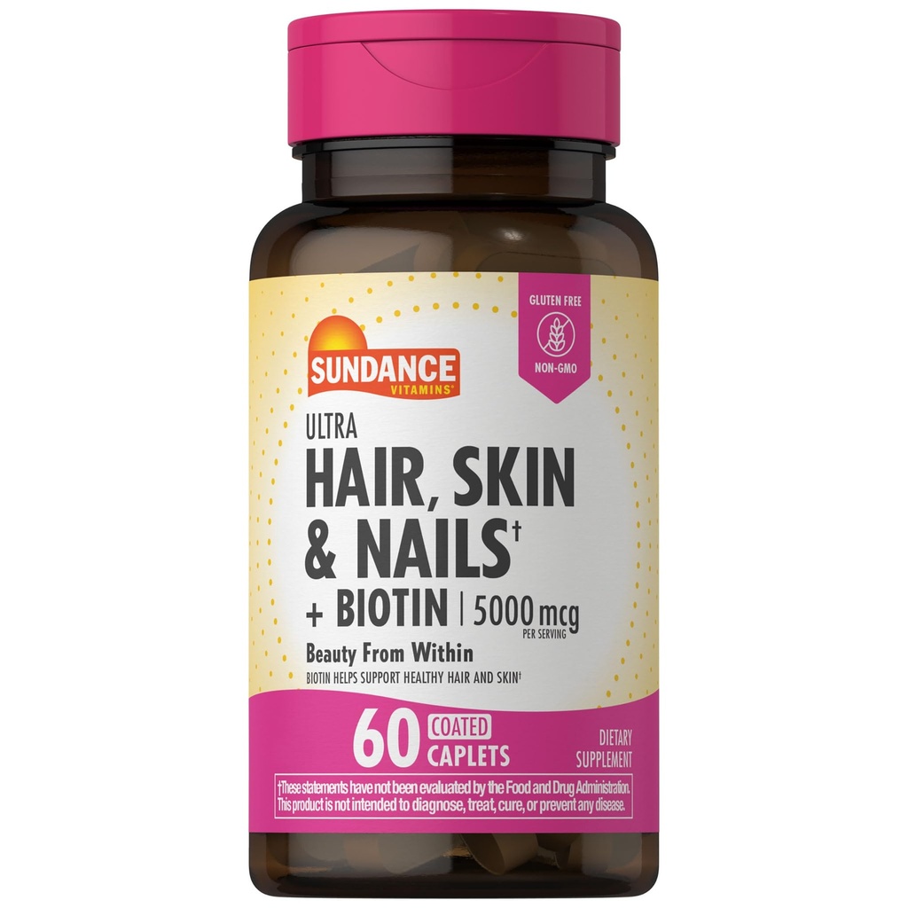 Sundance Hår, Hud & Nails Vitaminer | 5000mcg | 60 Coated Caplets | med Biotin og kollagen | Ikke-GMO & Glutenfri Supplement