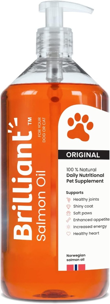 Brilliant lakseolje for hunder, katter og valper | Omega 3 Fish Oil Liquid Supplement med DHA, EPA fettsyrer | støtter huden og Coat, immunsystem & felles funksjon | Hofseth BioCare (34oz)