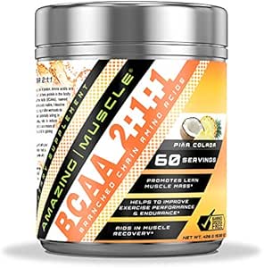 Amazing Muscle BCAA 2:1:1 Branched kjede Aminosyrer Supplement | 6000 Mg Per Serving | Pina Colada Flavor | 60 Serveringer
