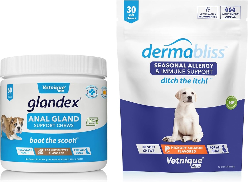 Vetnique Labs Dermabliss Allergi Chews 30 Ct og Glandex Anal Gland Støtte Chews 60 Ct Bundle Hunde Vitaminer og kosttilskudd, Anal Gland Hunde Behandlinger med Probiotika, Hunde Allergier Hudbehandling Myk Chew